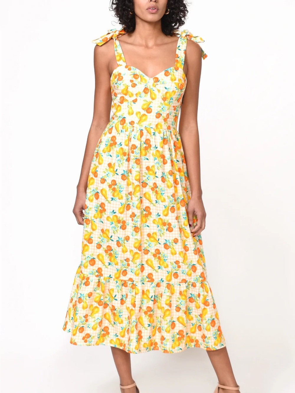 NWT Greylin Isla Tie Island Dress Small Gingham Peaches tiered midi